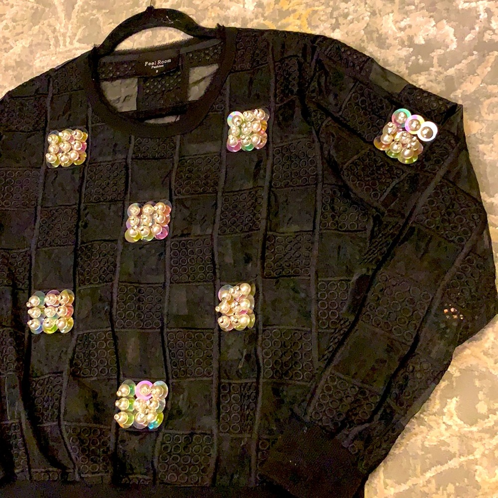 Pearl and crystal detailed long sleeve top